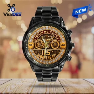 Front view of an Indian Motorcycle 125th Anniversary black watch with a gold motorcycle dial graphic.