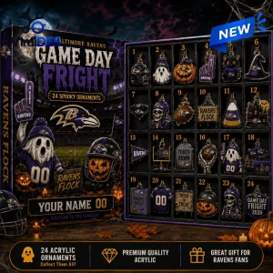 Open Baltimore Ravens Game Day Fright Halloween Advent Calendar revealing 24 spooky ornaments.