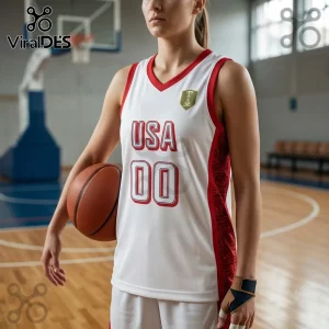 USA Women's Basketball 2026 FIBA World Cup white jersey with red trim and USA 00 lettering on a player holding a ball.