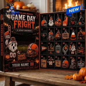 Open box view of the Cleveland Browns Game Day Fright Halloween Advent Calendar on a wooden table.