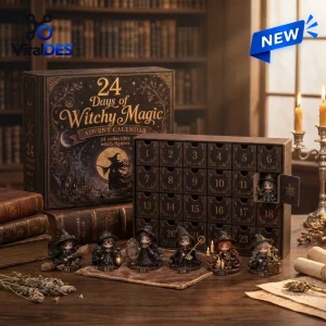 Front view of Witchy Magic Christmas Advent Calendar 2026 with 24 numbered drawers and figurine figures.