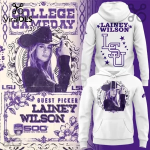 Lainey Wilson x LSU Tigers Football White Hoodie with purple graphic prints of the singer and college team logos.