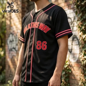 Aerosmith x Run DMC Walk This Way black baseball jersey featuring red lettering and the number 86 on the front.