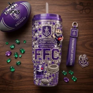 Fremantle Dockers 32nd Anniversary 40oz tumbler decorated with purple and clear rhinestones, team mascot, and FFC logo.