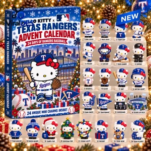 Front view of Hello Kitty x Texas Rangers 2026 Advent Calendar box and twenty-four figurines.