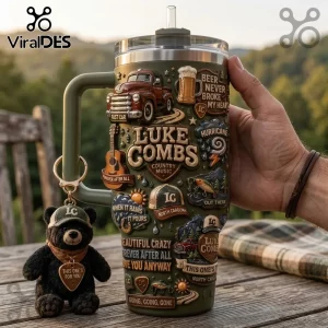 Luke Combs Embossed Green 40oz Tumbler with country music song titles, guitar, truck, and beer graphics on a handle cup.
