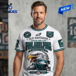 Philadelphia Eagles Old Bastards Mascot T-Shirt featuring a white base with green eagle graphic and text on a male model.