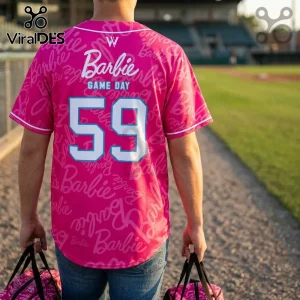 Los Angeles Queens x Barbie Game Day Baseball Jersey with allover script logo print, number 59, and white piping details.