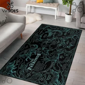 Harry Potter Patronus Charm Rectangular Area Rug features teal spirit animal silhouettes and text on a black background.