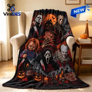 Front view of a Horror Movie Icons Halloween fleece throw blanket featuring cinematic villain graphics on an armchair.