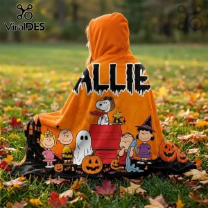 Peanuts Snoopy Halloween personalized hooded blanket showing the character Allie on an orange fleece with Peanuts cast.