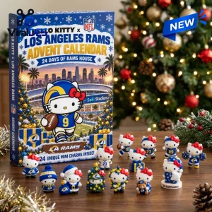Front view of Hello Kitty x Los Angeles Rams Advent Calendar box with miniature collectible figures on a table.