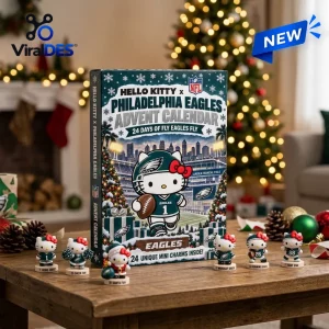 Front view of a Hello Kitty x Philadelphia Eagles advent calendar box with mini character figurines on a wooden table.