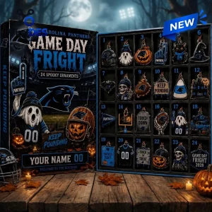Open Carolina Panthers Game Day Fright Halloween Advent Calendar on wooden table.