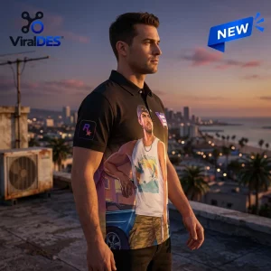 Side view of a man wearing a black polo shirt with a colorful character graphic, standing on a rooftop at sunset.