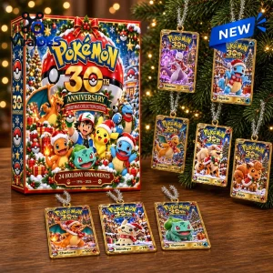 Front view of the Pokemon 30th Anniversary Christmas Holiday Advent Calendar with 24 gold card ornaments.