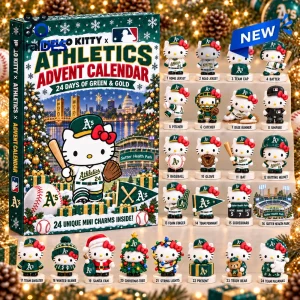 Front view of Hello Kitty x Oakland Athletics Advent Calendar packaging with twenty-four mini figurine charms.