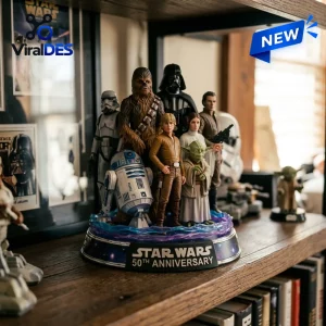 Star Wars 50th Anniversary Acrylic Plaque featuring detailed character figurines on a circular base with galaxy-themed trim.