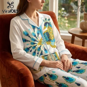 Elvis Presley Peacock Satin Pajama Set featuring a white top with blue peacock feather motifs sitting in a velvet chair.