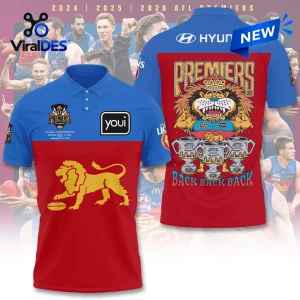 Front and back view of the Brisbane Lions 2026 Premiers Polo Shirt featuring team logos and trophy graphics.