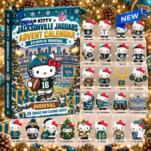 Front view of a Hello Kitty x Jacksonville Jaguars advent calendar display box featuring 24 mini football-themed figurines.