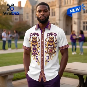 Front view of a man wearing a white Omega Psi Phi Fraternity Bulldog Hawaiian shirt with purple and gold Greek designs.