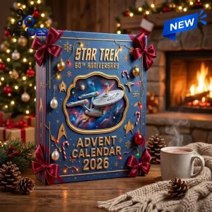 Front view of blue Star Trek 60th Anniversary Advent Calendar 2026 near a fireplace.