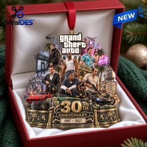 Front view of a 30th anniversary Christmas ornament featuring iconic video game characters inside a red gift box.