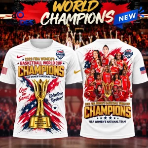 USA Women's Basketball 2026 World Cup Champions shirt featuring a trophy graphic, player collage, and red, white, and blue.