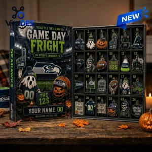 Open Seattle Seahawks Halloween 2026 Advent Calendar displaying twenty-four numbered ornament compartments on a wooden table.
