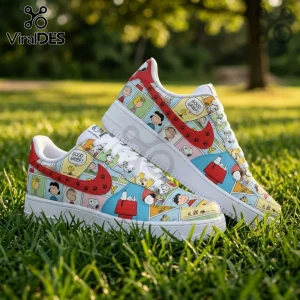 Snoopy Cartoon Character Air Force 1 Shoes featuring multi-colored comic strip panels, red swooshes, and white laces.