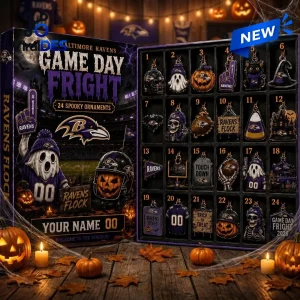 Open Baltimore Ravens Game Day Fright Halloween Advent Calendar with twenty-four spooky sports ornaments.