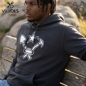 UTEP Miners Football Dark Charcoal Hoodie with a white graphic of a shovel, pickaxe, star, and football on the chest.