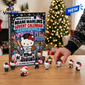 Front view of Hello Kitty x Miami Marlins 2026 Advent Calendar with mini figurines displayed on a table.