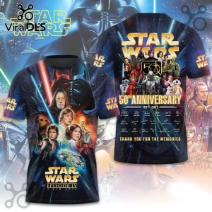 Star Wars 50th Anniversary Thank You For The Memories hoodie featuring character collages and franchise logos in navy blue.