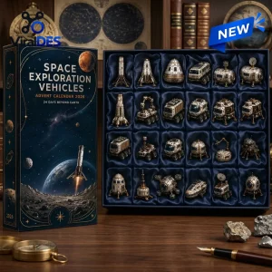 Front view of Space Exploration Vehicles 2026 Advent Calendar box open, revealing 24 metallic spaceship figurines.