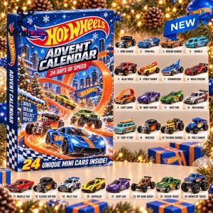 Front view of the Hot Wheels Advent Calendar 2026 box displaying 24 numbered toy vehicles and a winter cityscape graphic.