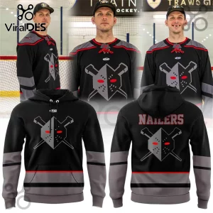 Wheeling Nailers ECHL Alternate Hockey Mask Hoodie in black, grey, and red featuring a goalie mask and crossed hammers logo.