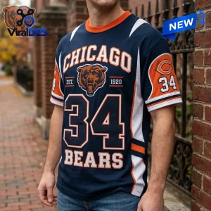 Front view of a fan wearing an NFL Chicago Bears 34 custom name shirt in navy blue and orange.