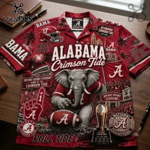 Alabama Crimson Tide mascot Hawaiian shirt featuring Big Al elephant, Bryant-Denny Stadium, and championship trophy graphics.