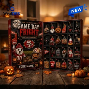 Front view of San Francisco 49ers Halloween 2026 Advent Calendar box open to reveal twenty-four numbered holiday ornaments.