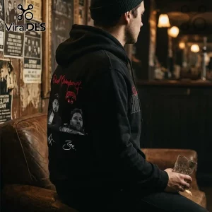 Royal Blood UK Tour 2026 Signature Black Hoodie worn by a man featuring band portraits, red typography, and signatures.