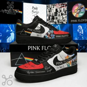 Pink Floyd Dark Side of the Moon Air Force 1 shoes featuring The Wall brick graphics, prism art, and band member signatures.