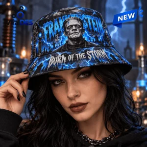 Close-up of a person wearing the blue Frankenstein Born of the Storm bucket hat with lightning graphics.