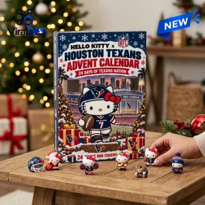 Front view of Hello Kitty x Houston Texans advent calendar with six small themed figurines displayed on a wooden table.
