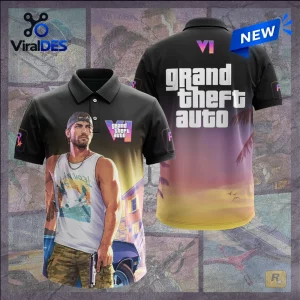 Front and back view of a Grand Theft Auto VI Gradient Polo Shirt featuring character art and sunset palm tree graphics.