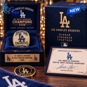 Los Angeles Dodgers 2026 NL West Division Champions Ring displayed in open box with packaging and certificate.