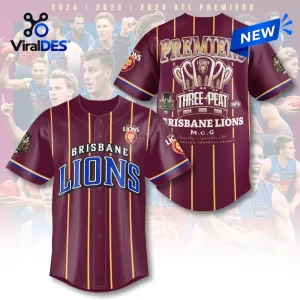 Front and back view of the Brisbane Lions Maroon Three-Peat Baseball Jersey with vertical gold stripes.