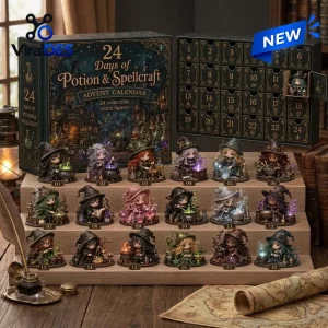 Front view of 24 Days Of Potions & Spells Advent Calendar with miniature witch figurines.