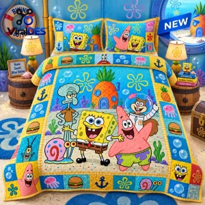 SpongeBob SquarePants Character Patchwork Quilt Bedding Set featuring bright blue colors, pineapple homes, and sea icons.